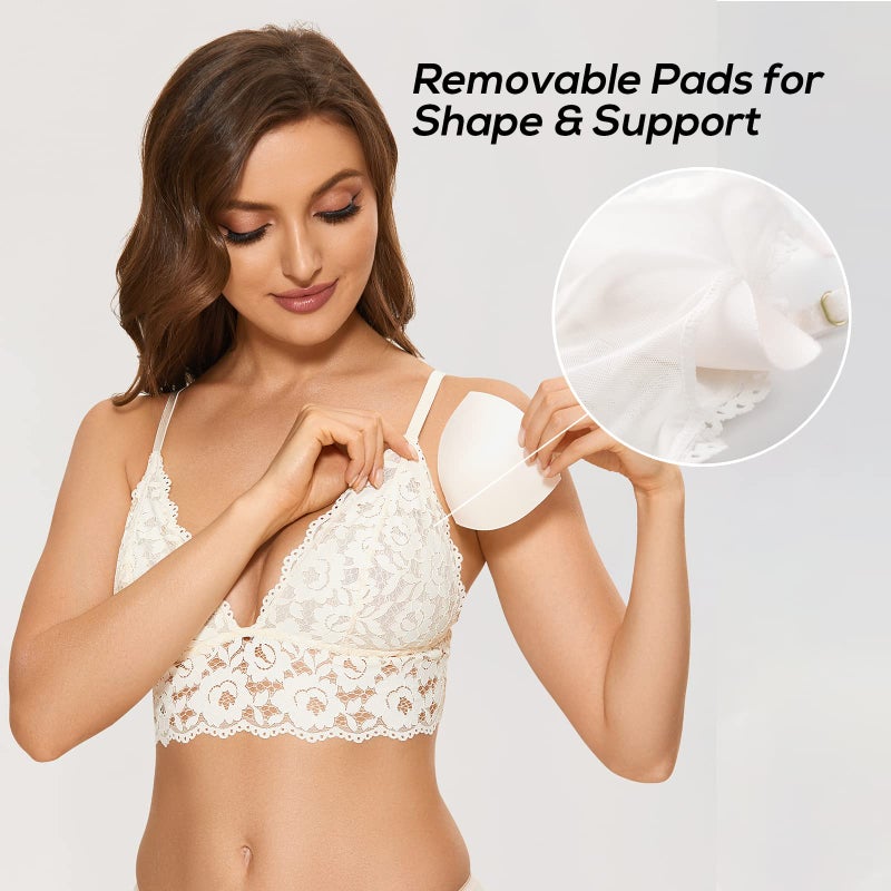 DOBREVA Women's Lace Padded Bralette Plunge Wireless Longline Bra for A to D Cups Ivory (Bra) X-Large - Image 3